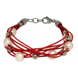 Leather bracelet red with white and silver artificial pearls