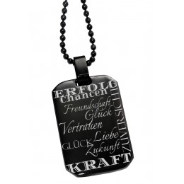 Pendant dog tag 22x34mm made of stainless steel PVD black coated with flattened corners and individual engraving
