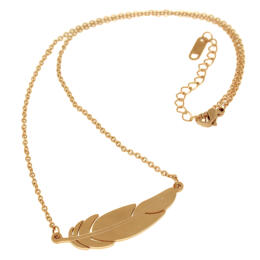 Filigree chain with fine feather pendant, stainless steel gold-colored coated