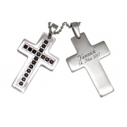 Stainless steel cross pendant with black crystals and your desired engraving - IMPRESSIVE