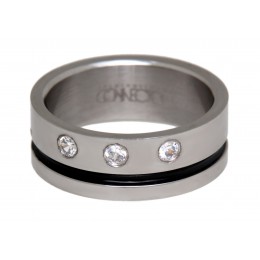 High-gloss stainless steel ring with crystals and black accent