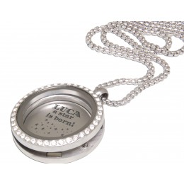 Round locket pendant LARGE made of polished stainless steel with crystals and individual engraving