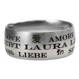 Stainless steel ring 9mm wide with love in different languages and individual name engraving