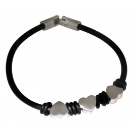 Black rubber bracelet with three heart-shaped steel links 17cm / 18cm / 19cm / 20cm / 21cm / 22cm / 23cm