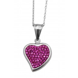 Heart-shaped pendant made of stainless steel with pink crystals