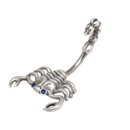 Belly button piercing made from a 1.6x10mm steel banana with a plastic 925 silver scorpion design