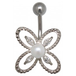 Belly piercing 1.6x10mm with a flower design with a faux pearl and small navettes