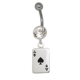 Belly button piercing with a stone setting and ace of spades card made of 925 silver