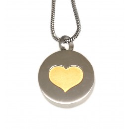 Round pendant made of high-gloss polished stainless steel with a golden heart