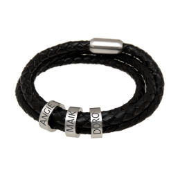 Brown or black leather bracelet with 3 stainless steel elements with individual engraving