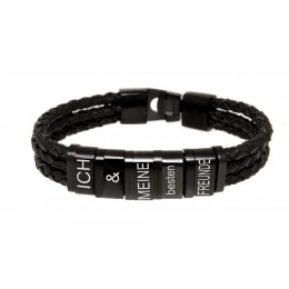 Armband aus Leder schwarz, dreireihig mit 5 Elementen aus Edelstahl mit individueller Gravur