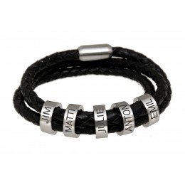 Brown or black leather bracelet with 5 stainless steel elements with individual engraving