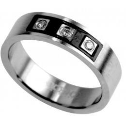 High-gloss stainless steel ring with black PVD stripes and 3 crystals