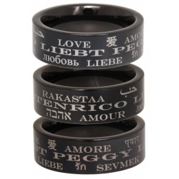 Stainless steel ring with black PVD coating 9mm wide with love in different languages and individual name engraving