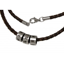 Name necklace Necklace made of braided brown or black leather, with 3 stainless steel links with individual engraving