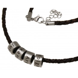 Name necklace Necklace made of braided brown or black leather, with 4 stainless steel links with individual engraving
