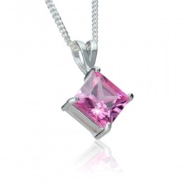 Square zirconia pendant set in silver with eyelet, including chain, available in different colours