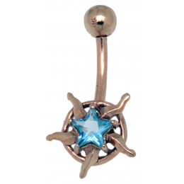 9ct Gold Belly Button Piercing, Shining Star in Aquamarine Blue