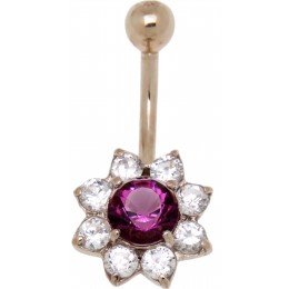carat gold navel piercing Crystal flower DRAMA, round purple crystal in the centre