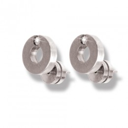Round ear studs made of steel, matted with clear zirconia