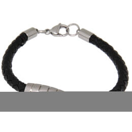 Leather bracelet black braided with an olive-shaped stainless steel design