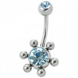 Piercing curved navel with stones, 6 satellites revolve around the planet, jeweled screw ball
