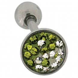 Tongue piercing made of surgical steel with crystal stones, white/olive Yin Yang motif