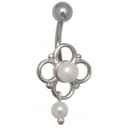 Belly button piercing 1.6x10mm with a flower design, pendant and two artificial pearls