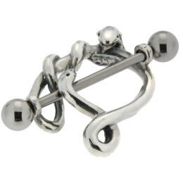 Nipple piercing with a barbell and a snake design made of 925 silver