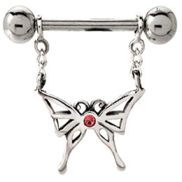 Nipple piercing made of 925 sterling silver with a butterfly on a chain