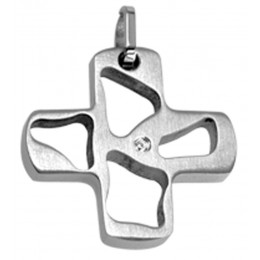 Stainless steel pendant in the shape of a cross with cutouts and a small crystal