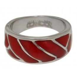 Stainless steel ring with red acrylic overlay