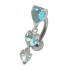 Belly button piercing 1.6x10mm with hanging and heart crystals, aqua