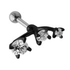 Helix ear piercing 1.2x6mm with 925 sterling silver design with three clear crystals, set in black