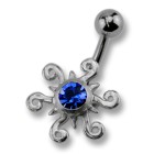 Steel belly button piercing Aztec sun in sterling silver, with crystal