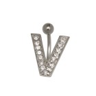 Belly button body jewelry piercing in ABC design with zircons - letter V