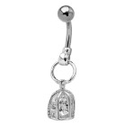 Piercing curved navel with transparent crystal in the design instead of a bird in a cage