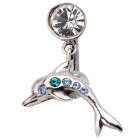 Belly button piercing with jumping silver dolphin, crystals