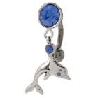 Belly button piercing with 925 sterling silver motif moving dolphin with crystals