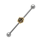 Industrial barbell ear piercing made of steel with gold plated rose motif