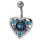 Shield for navel piercing 925 sterling silver heart with Swarovski stones, truly magnificent