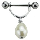 Nipple piercing with an attached elongated synthetic pearl