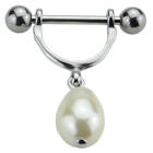 Nipple piercing with an attached elongated synthetic pearl