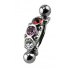 Piercing curved navel surgical steel bar - jeweled shield 925 sterling silver, 3 round crystals