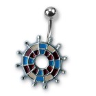 Belly button piercing with enamelled design, blue darts