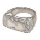 Steel ring with white acrylic and floral pattern