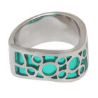 Steel ring with turquoise colored acrylic areas