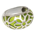 Steel ring with green acrylic colored areas