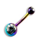 Titanium belly button piercing with clear stone, 2 jeweled balls