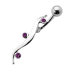 Belly button piercing with wave design with 3 crystals, elegant